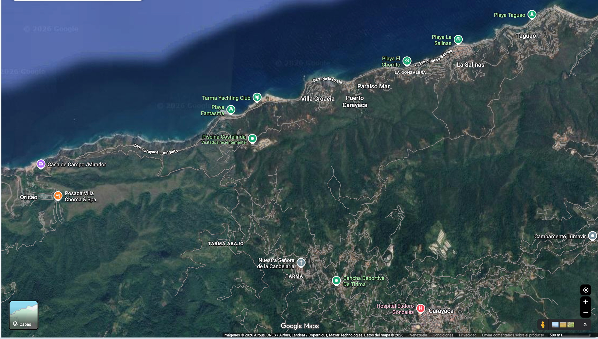 Cartografía satelital oficial aportada del eje Oricao, costa de Carayaca y Carayaca